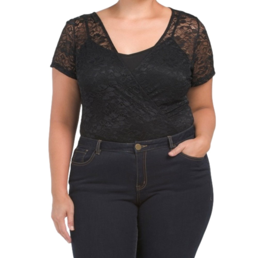 City Chic New Plus Size 18 Black Lace Surplice Neck Short‎ Sleeve Bodysuit